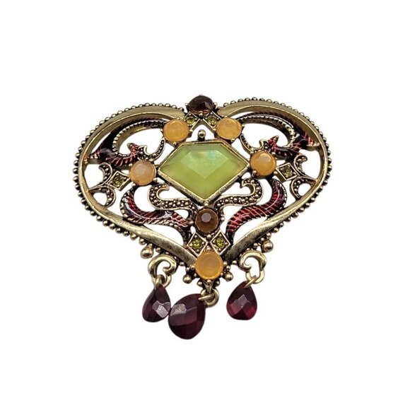 Gold Plated Enamel Heart Center Green Chalcedony Dangle Glass Rhinestone Accents - Picture 4 of 9